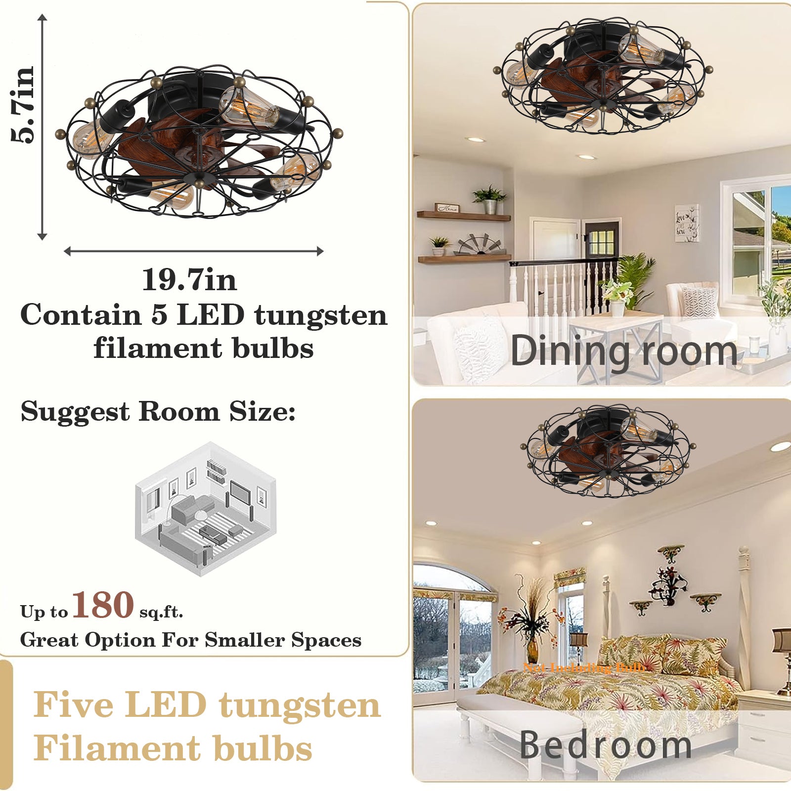 Low Profile Caged Ceiling Fan With Lights Remote Control, Embedded Modern Industrial Ceiling Fan Black Modern Abs