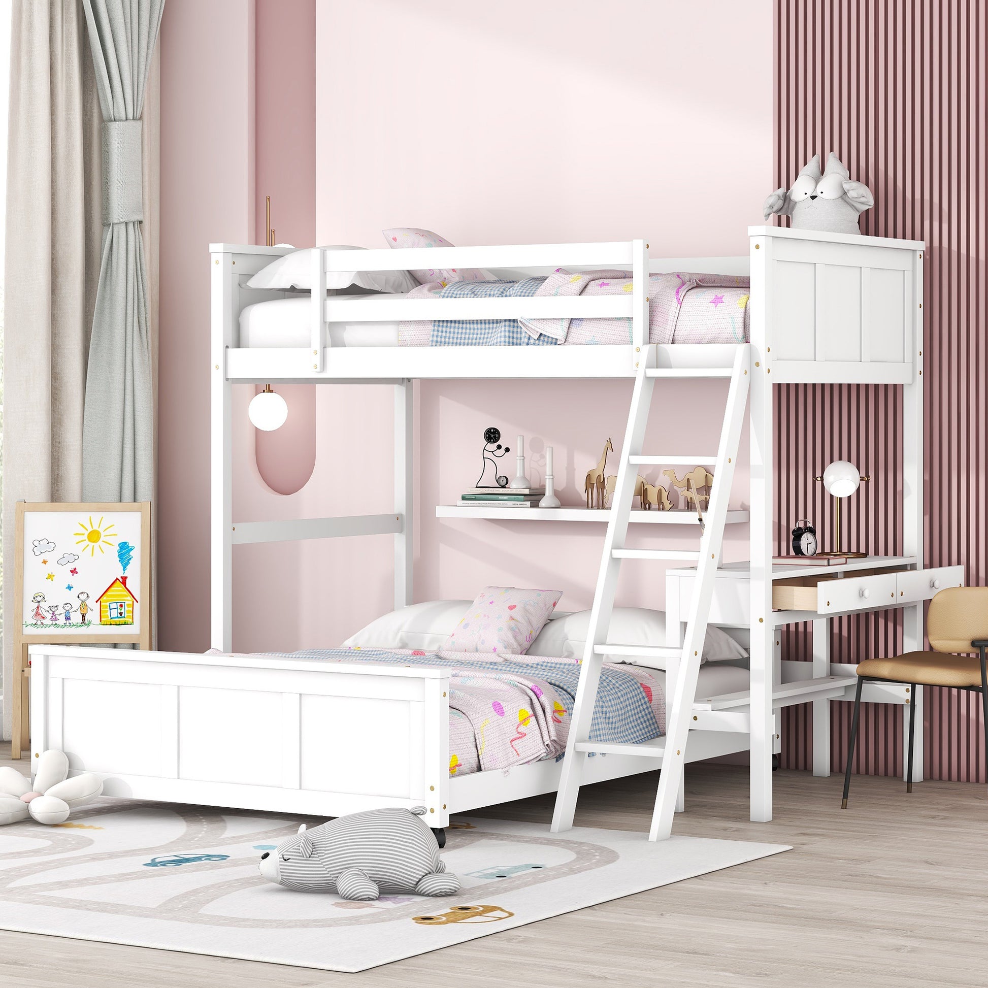 Twin Over Full Bunk Bed With Desk, White White Solid Wood Mdf