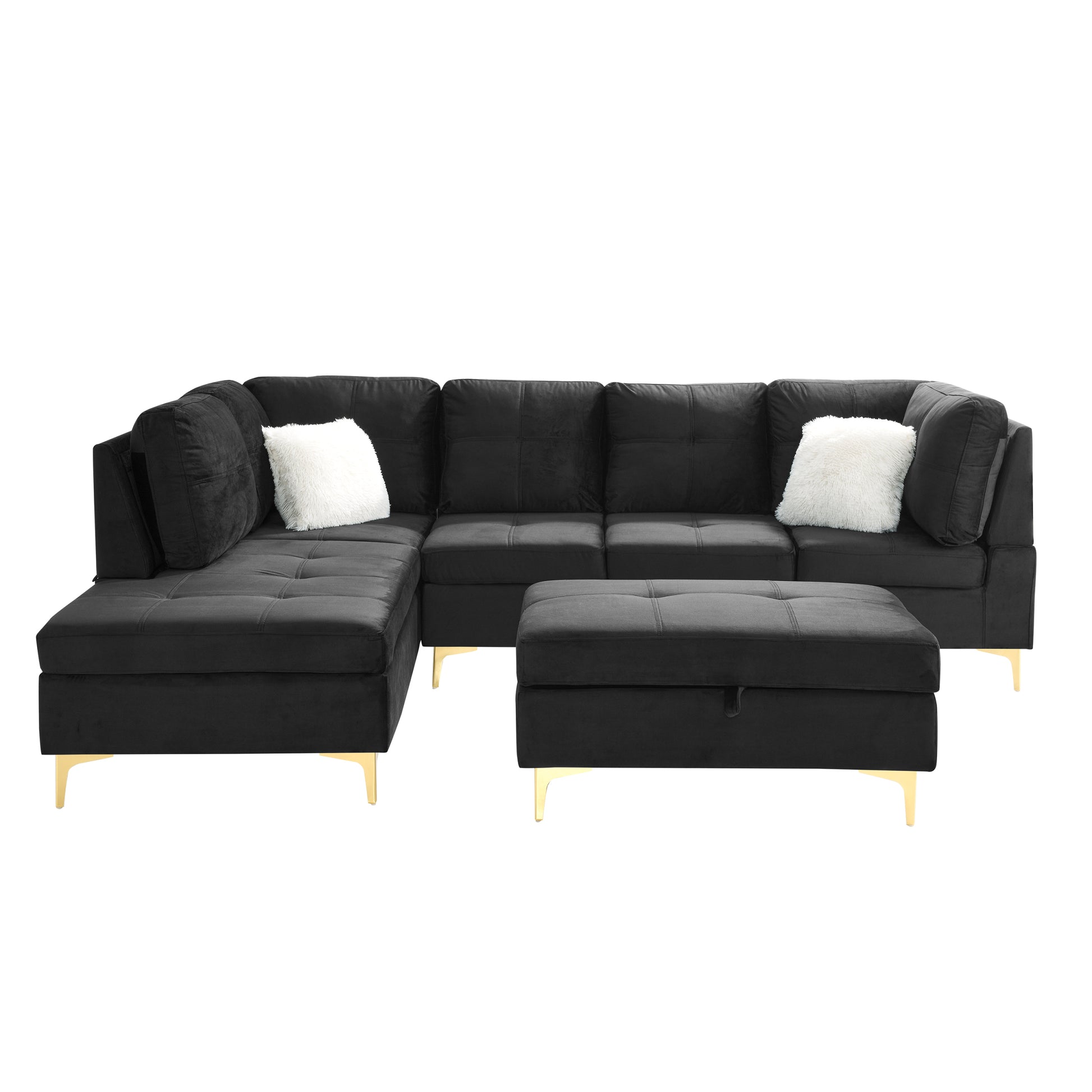 103" Velvet Sectional Sofa, L Shape Corner Couch With Storage Ottoman For Living Room, Black Fabric, Pocket Coil Spring In Seats, Chaise Face Left Black Velvet Wood Primary Living Space Medium Soft Pillow Back Classic L Shaped Pillow Top Arms Foam Velvet