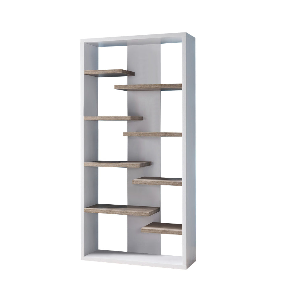 Mid Century Display Cabinet, Open Back Display Cabinet With 8 Shelves White & Dark Taupe White Particle Board