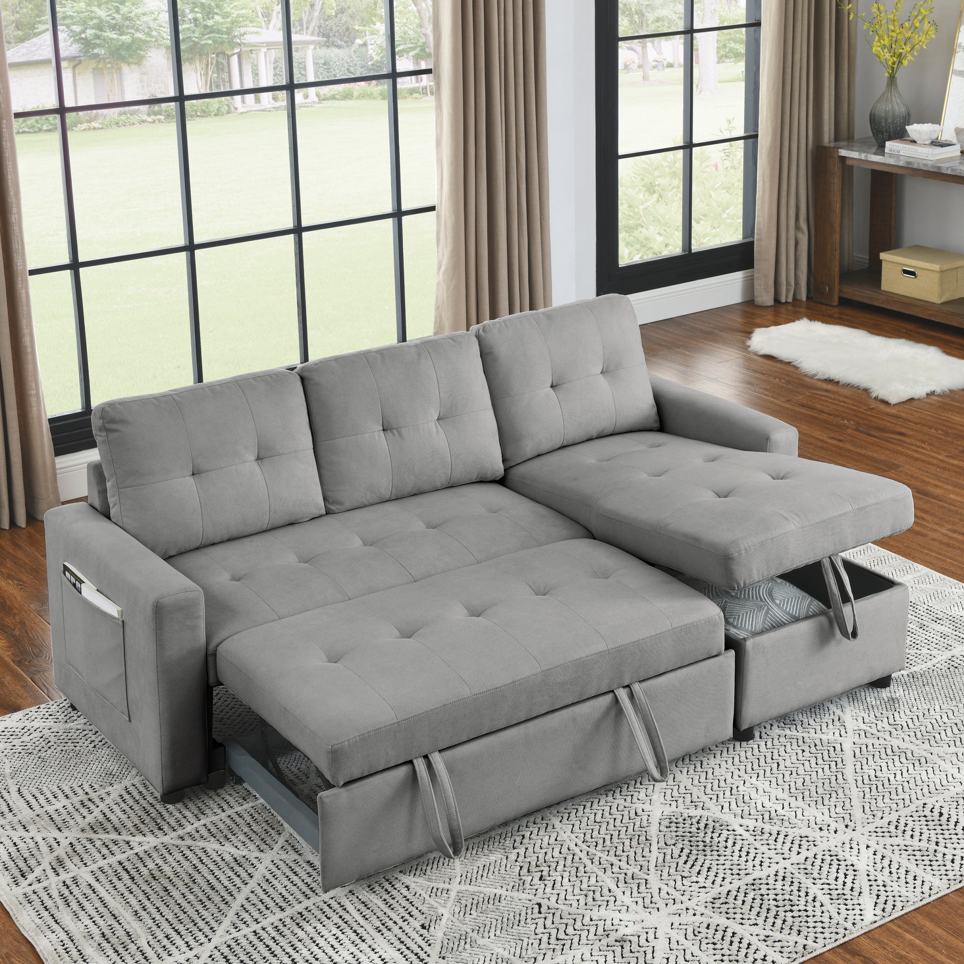 Mh 78.5" Sleeper Sofa Bed Reversible Sectional Couch With Storage Chaise And Side Storage Bag For Small Space Living Room Furniture Set Grey Primary Living Space Eucalyptus Polyester Fabric