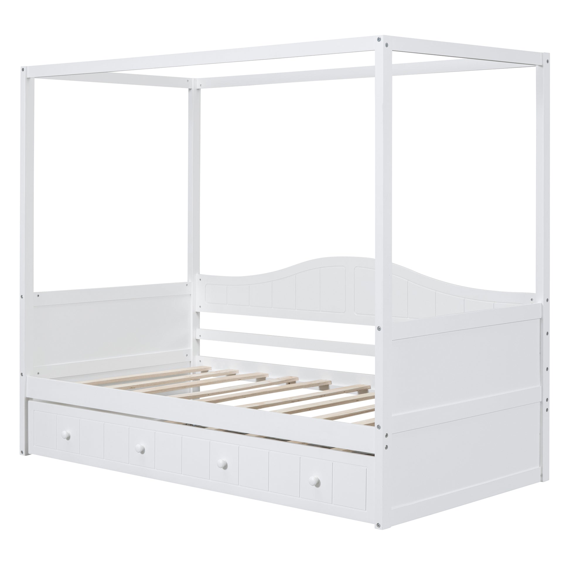 Twin Size Canopy Day Bed With Twin Size Trundle, White White Solid Wood Mdf