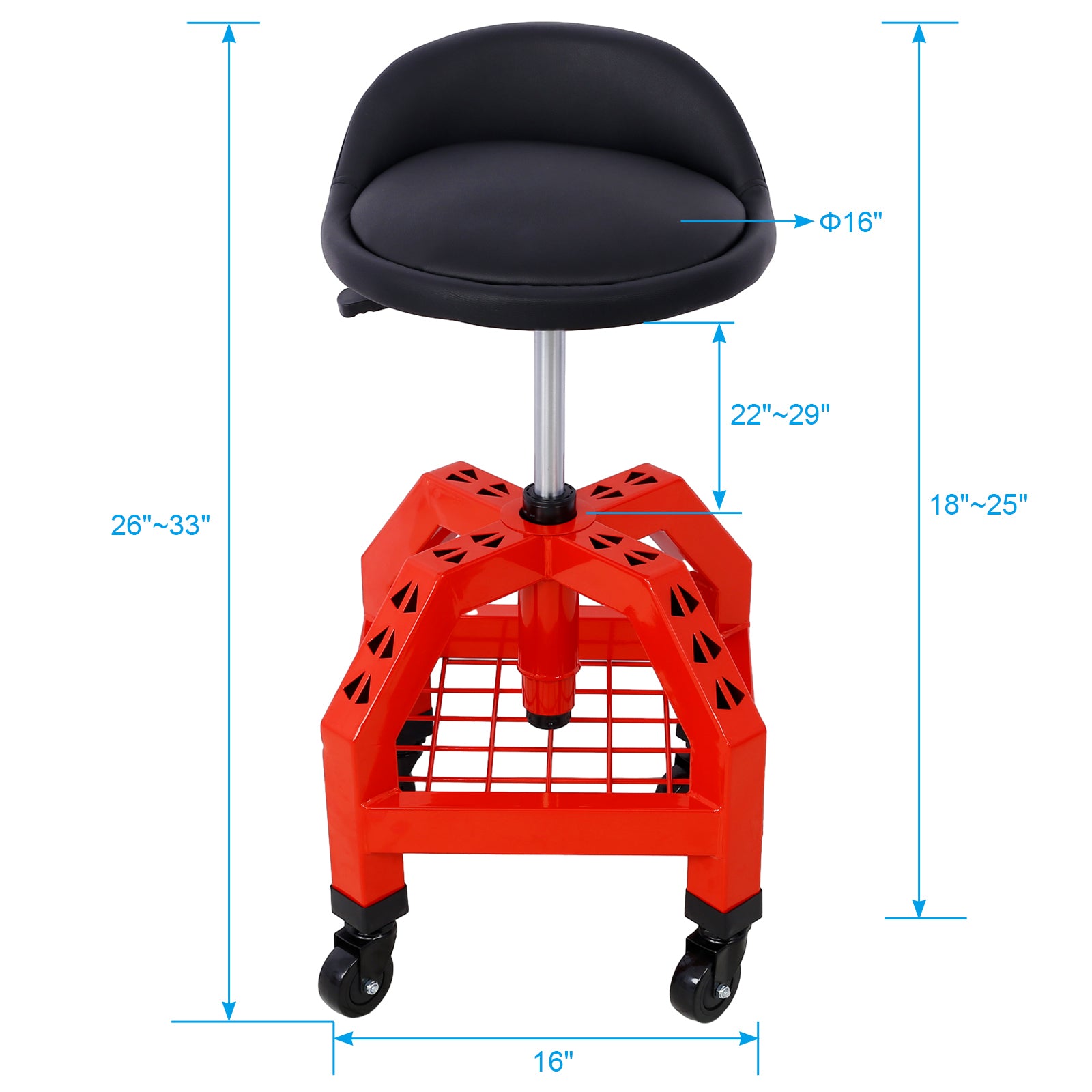 Pneumatic 360 Degree Swivel Stool, Mechanics Rolling Creeper Seat, Heavy Duty Rolling Mechanics Stool, Shop Stool With Casters Red Red Steel