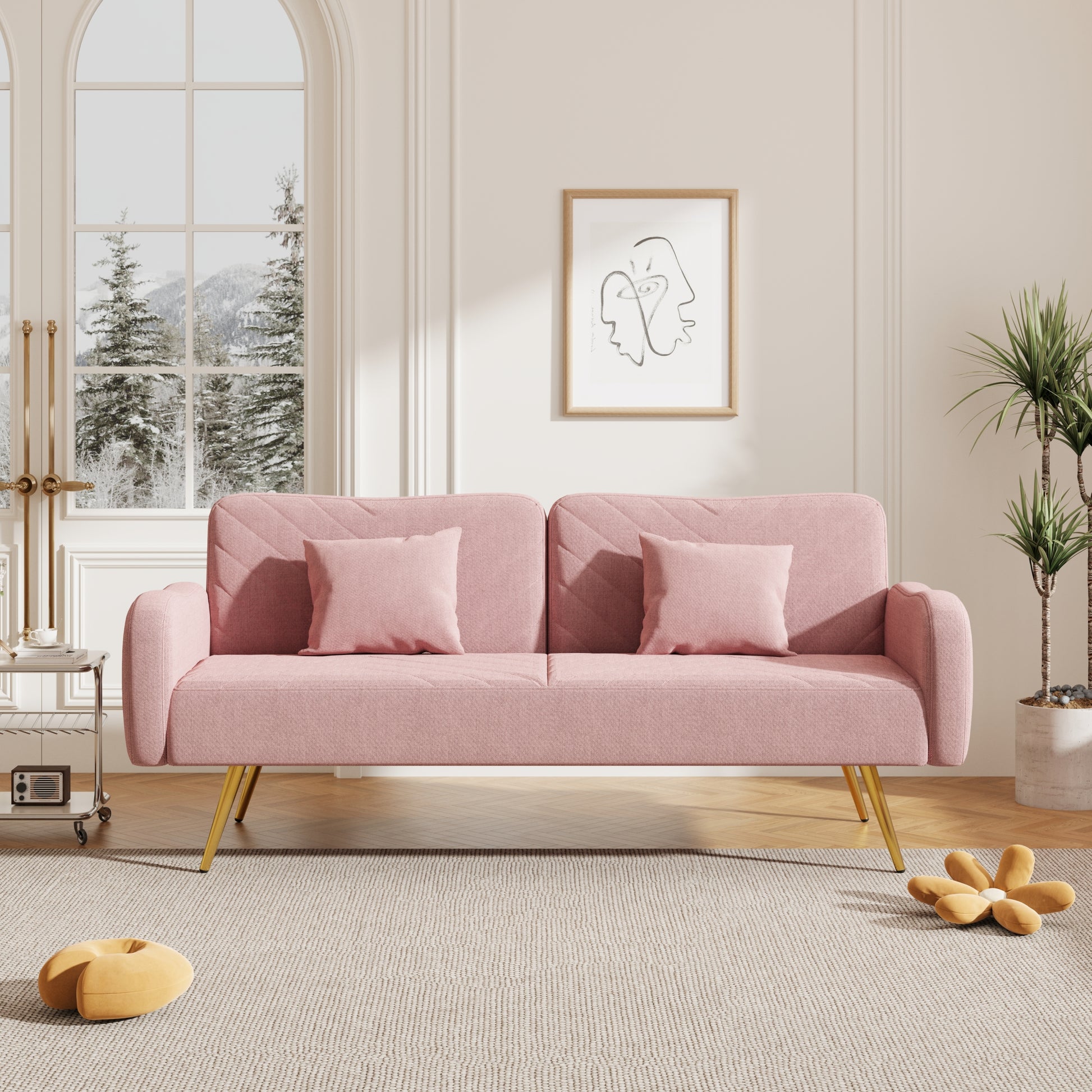 70.47" Pink Fabric Double Sofa With Split Backrest And Two Throw Pillows,Suitable For Living Room, Apartment, Home Office Pink Wood Primary Living Space Eucalyptus Square Arms Foam Fabric 2 Seat