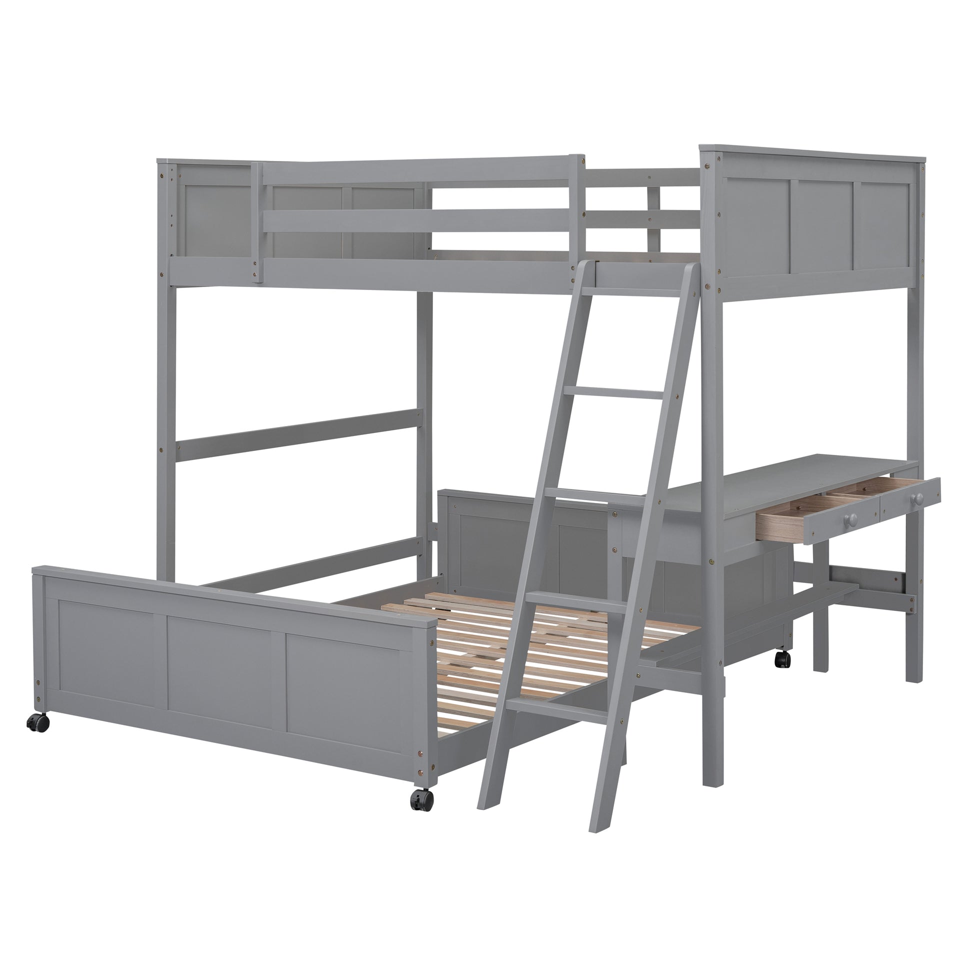 Full Over Full Bunk Bed With Desk, Gray Gray Solid Wood Mdf