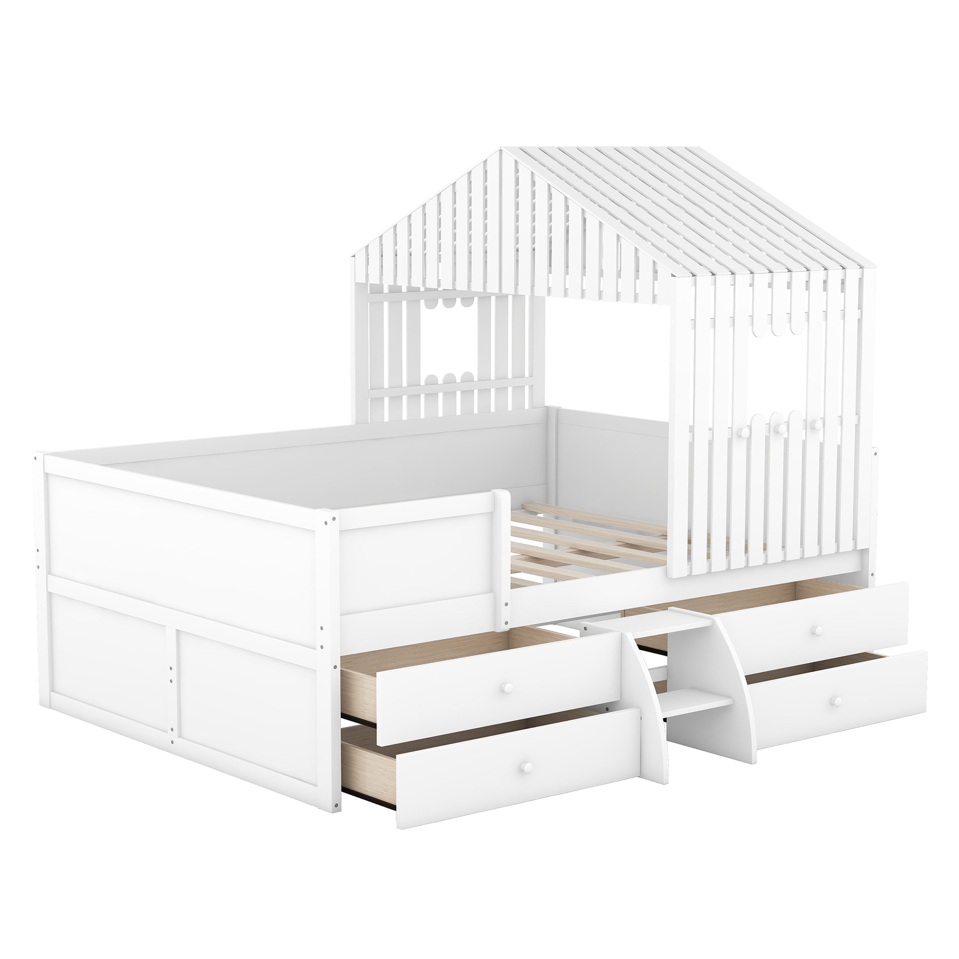 Full Size House Low Loft Bed With Four Drawers,White Box Spring Not Required White Wood Pine