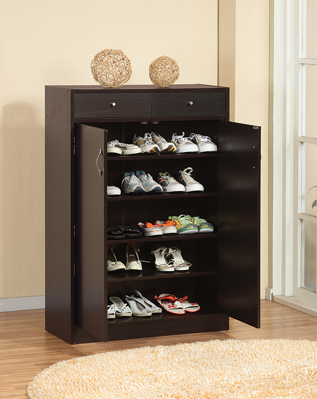 Shoe Storage Cabinet, Home Shoe Organizer With Five Shelves And Two Drawers In Red Cocoa Espresso Particle Board