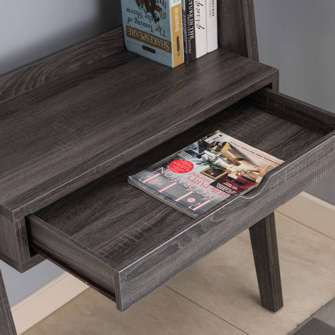 Home Office Laptop Desk, Writing Desk With Drawer, Two Top Shelves, Distressed Grey Grey Particle Board