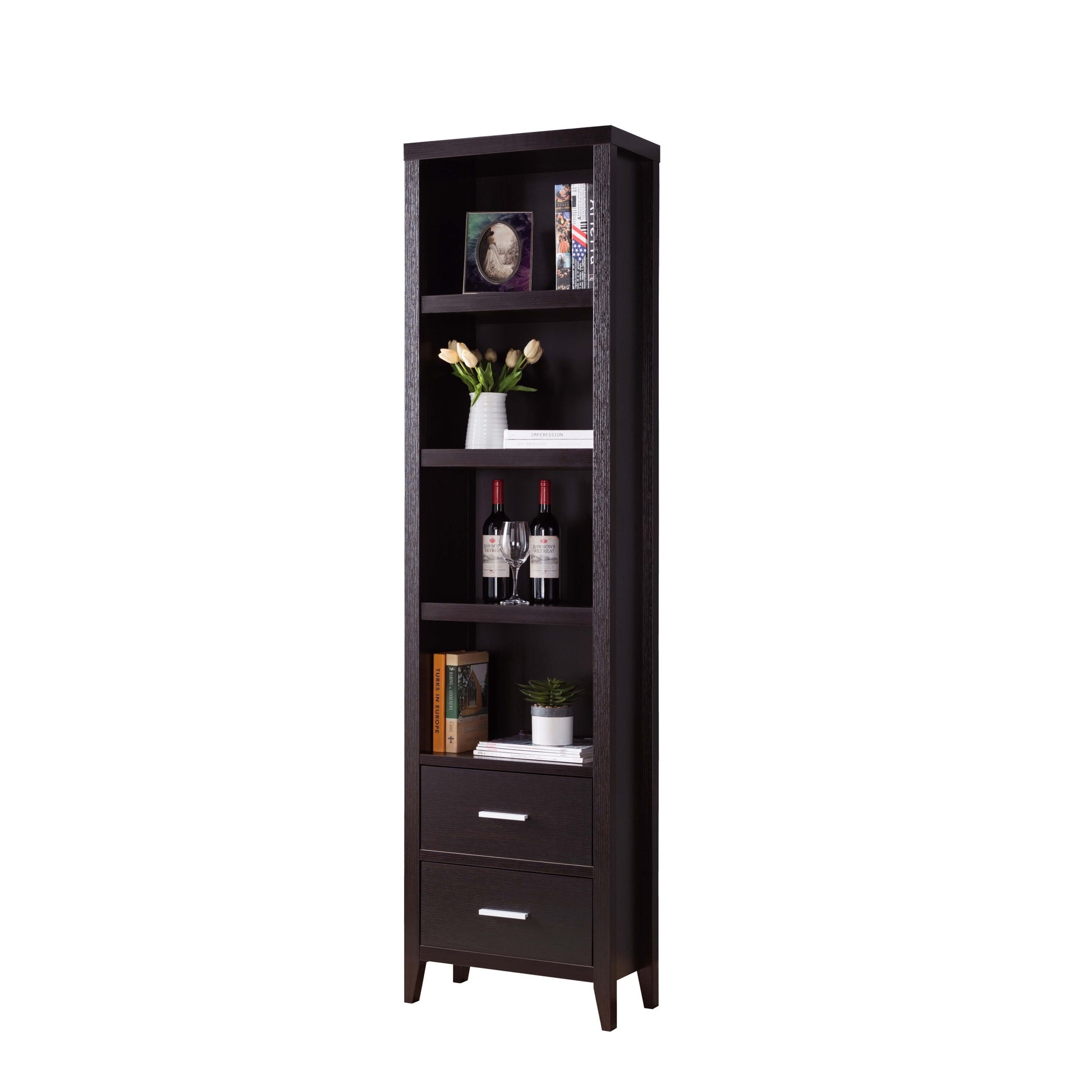 Media Pier, Display Cabinet With Four Open Shelves And Two Bottom Drawers In Red Cocoa Espresso 39 Inches Or Less Particle Board