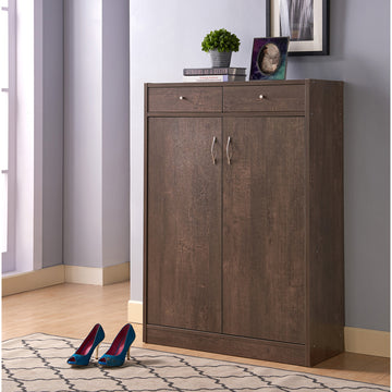 Two Door Shoe Storage Cabinet With Two Top Drawers, Five Shelves Fits 15 Pairs In Walnut Oak Walnut Particle Board