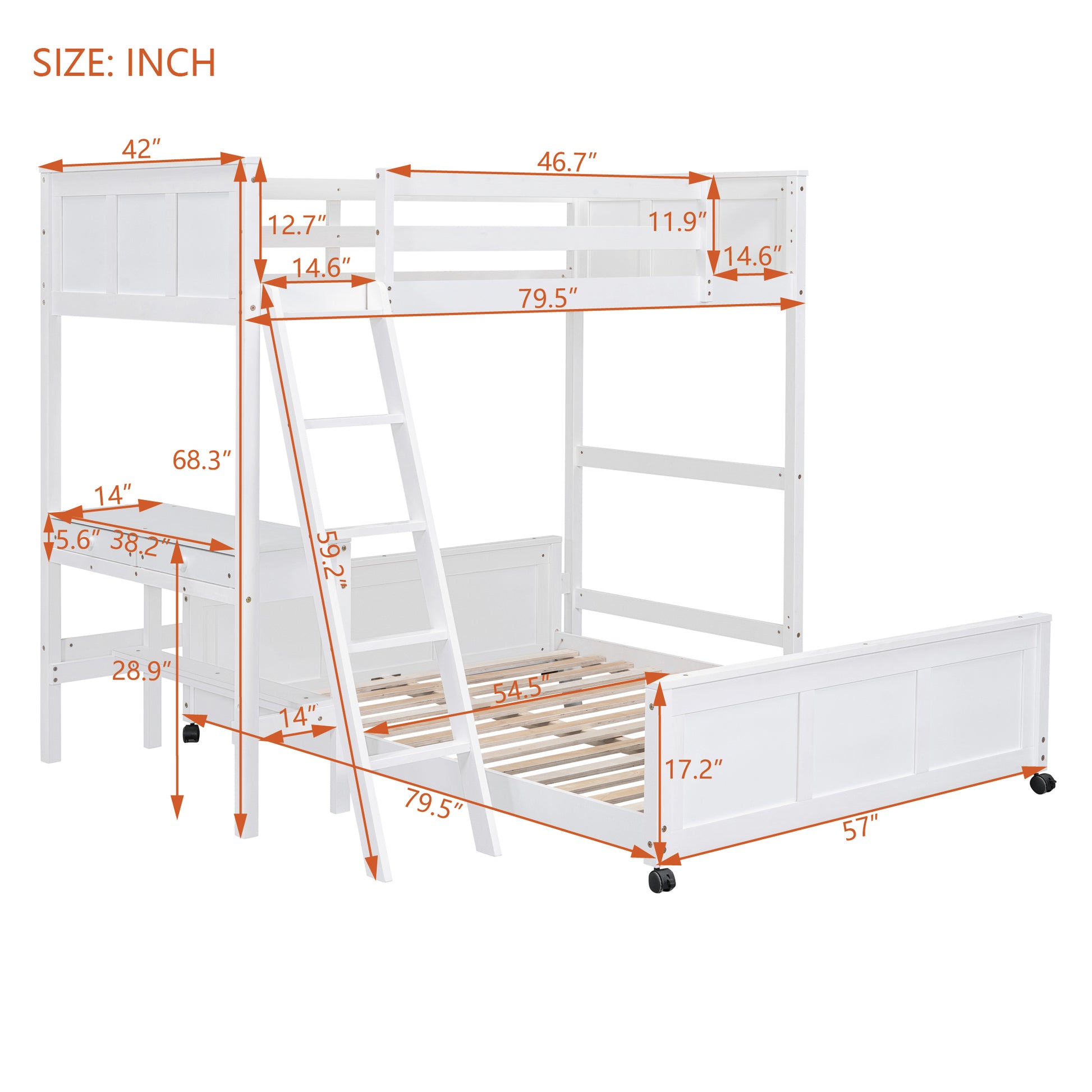 Twin Over Full Bunk Bed With Desk, White White Solid Wood Mdf