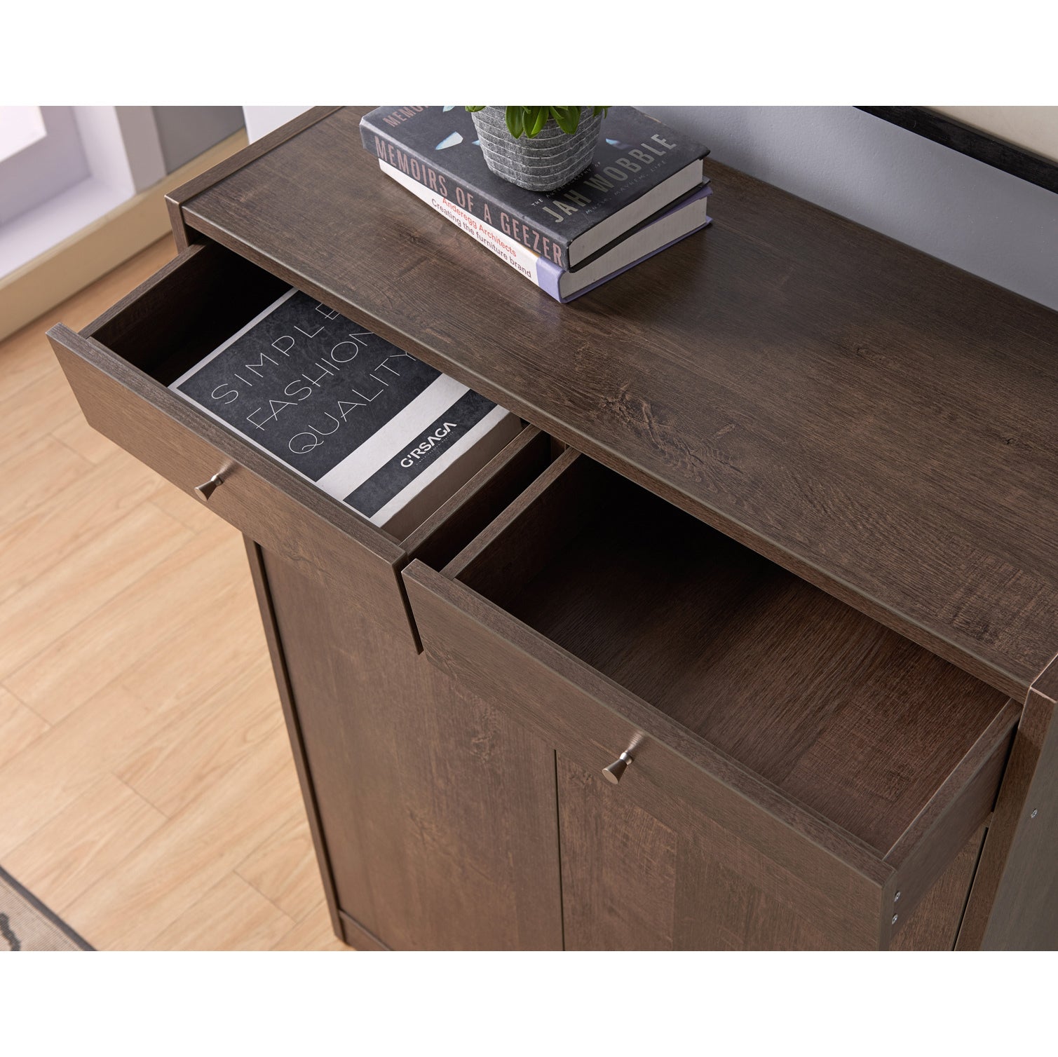 Two Door Shoe Storage Cabinet With Two Top Drawers, Five Shelves Fits 15 Pairs In Walnut Oak Walnut Particle Board