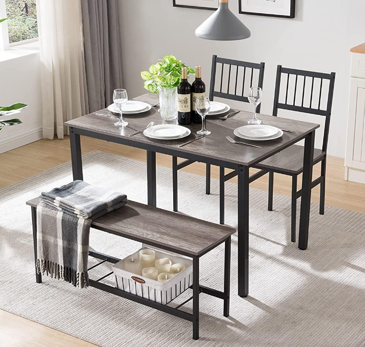 Dining Table Set For 4,Kitchen Table With 2 Benches,Wood Tabletop And Metal Frame,Breakfast Table Set For Small Space,Apartment,Dining Room, Home Office Black Gray Metal & Wood