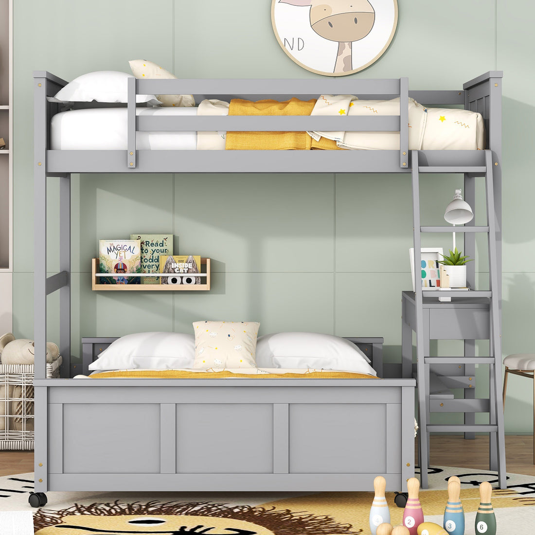 Twin Over Full Bunk Bed With Desk, Gray Gray Solid Wood Mdf