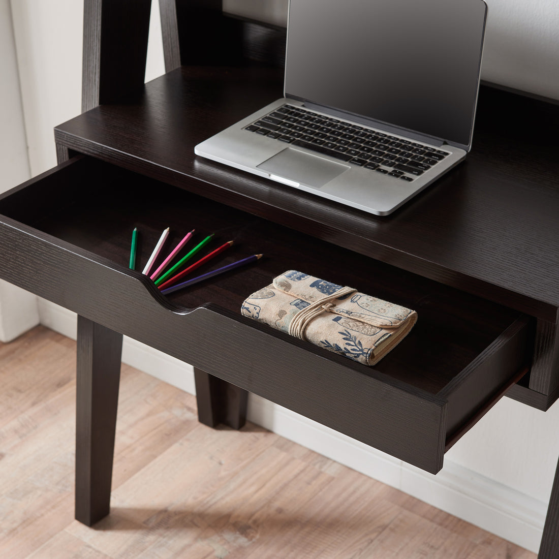 Ladder Desk, Home Office Study Desk With Drawer And Two Shelves In Red Cocoa Espresso Particle Board