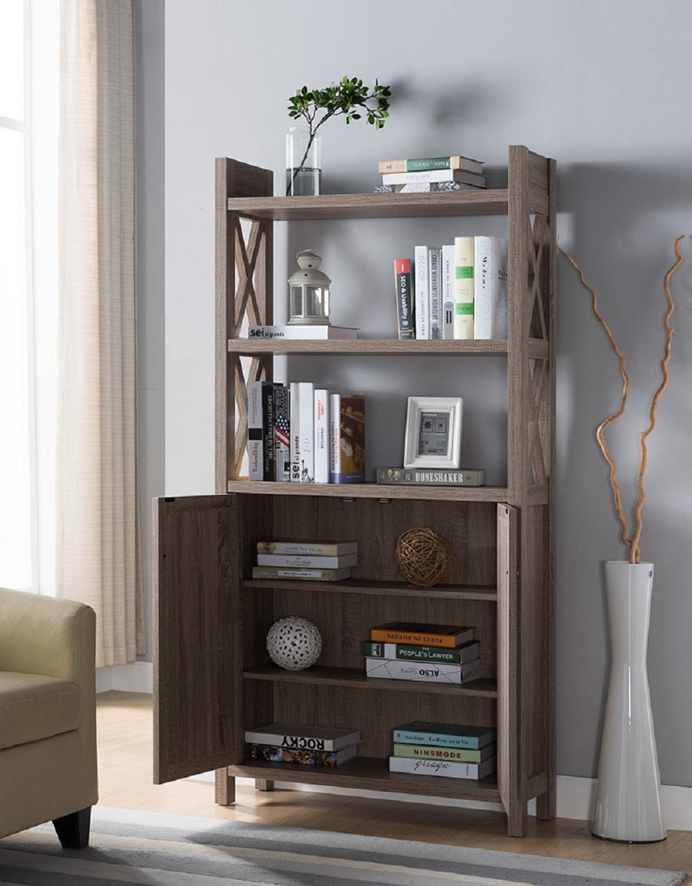 Antique Wooden Crosshatch Display Cabinet, Home Storage Cabinet Two Shelves, Two Door Dark Taupe Taupe Particle Board