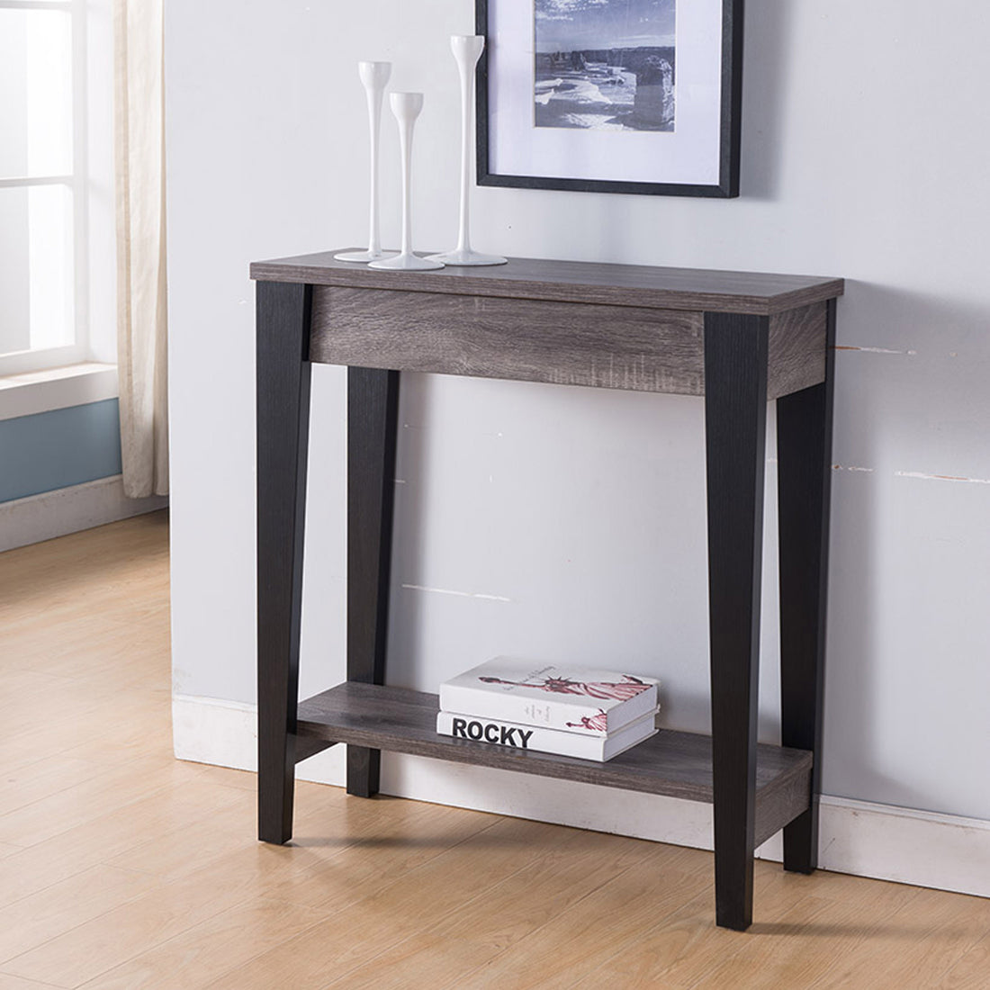 Home, Elegant Console Table, Display Table With Drawer And Bottom Shelf In Distressed Grey And Black Grey Particle Board