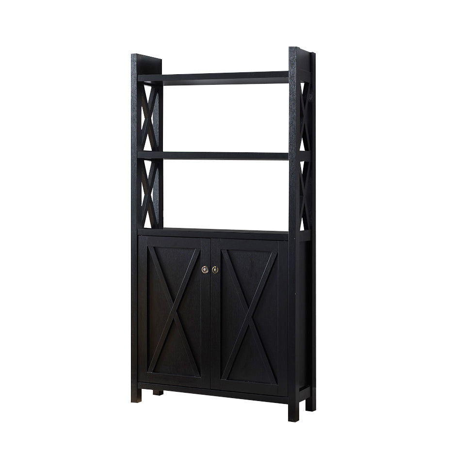 Crosshatch Display, Home Storage Cabinet With Two Top Shelves, Two Door Cabinet In Black Black Particle Board