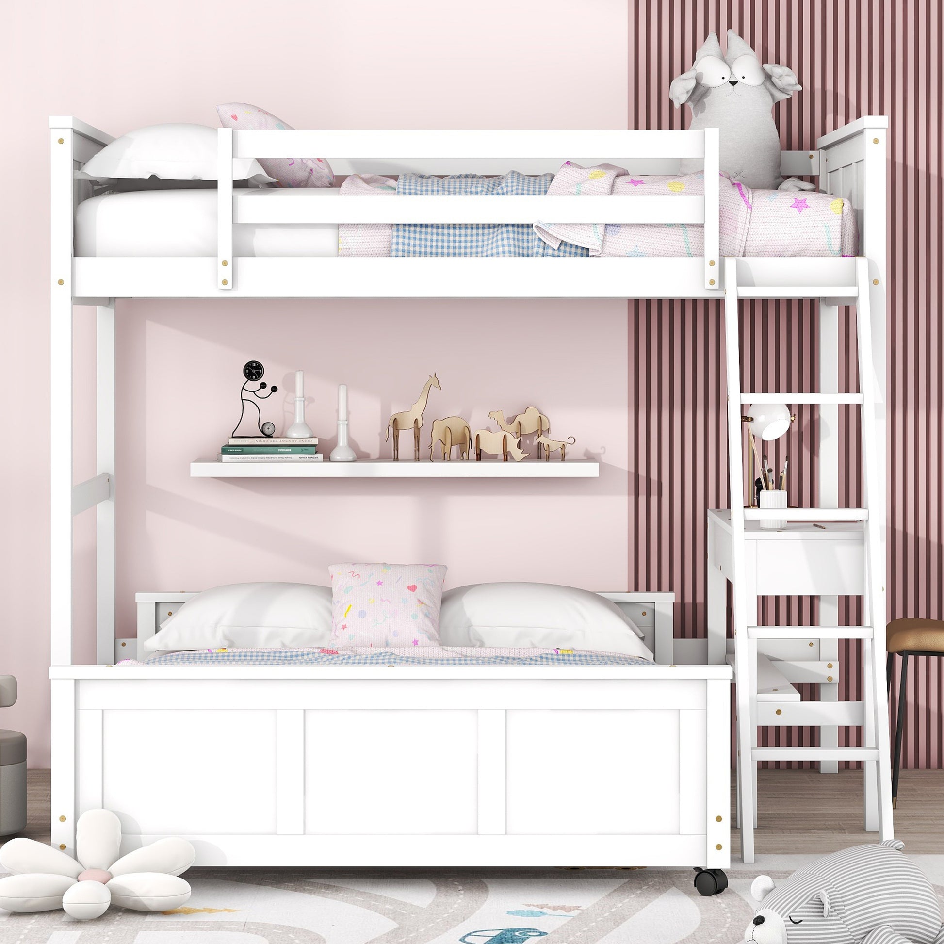 Twin Over Full Bunk Bed With Desk, White White Solid Wood Mdf