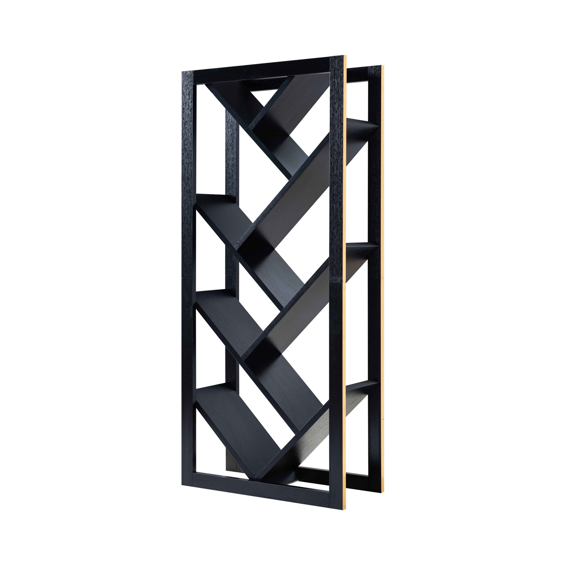 Abstract Bookcase With Seven V Shape Shelves, Black & Faux Gold Trim Black Particle Board