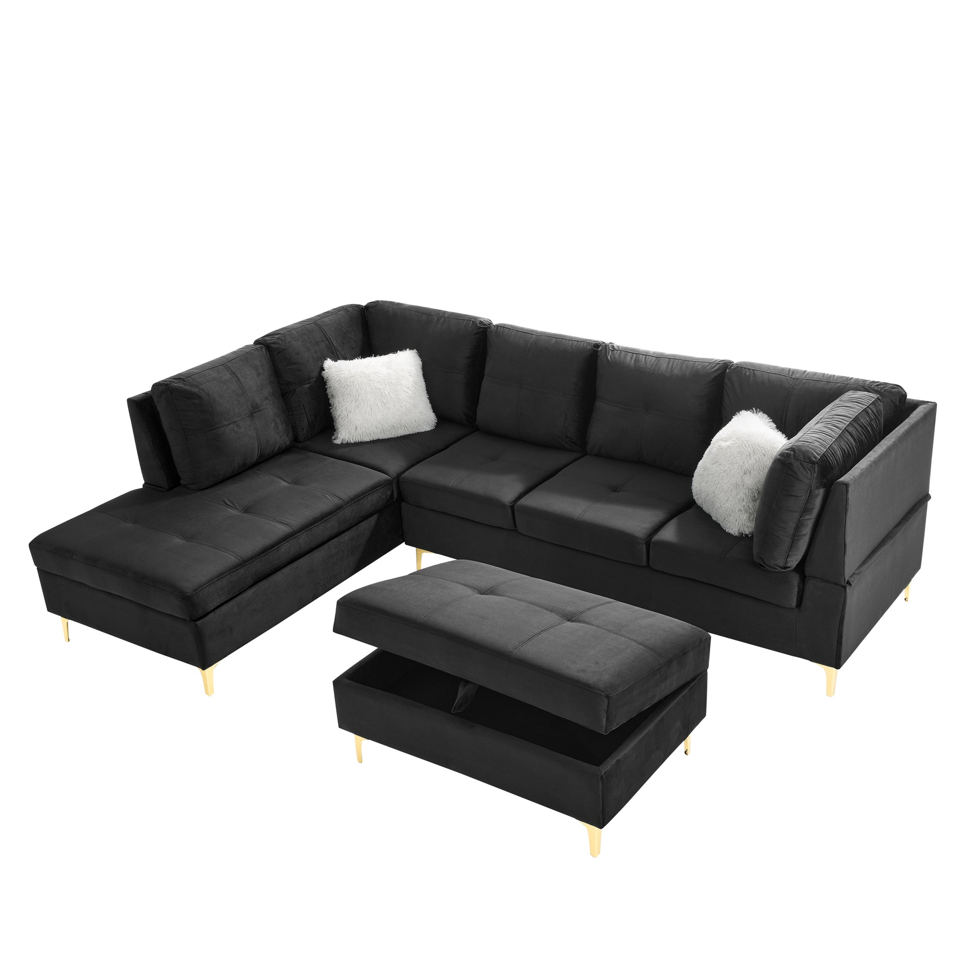 103" Velvet Sectional Sofa, L Shape Corner Couch With Storage Ottoman For Living Room, Black Fabric, Pocket Coil Spring In Seats, Chaise Face Left Black Velvet Wood Primary Living Space Medium Soft Pillow Back Classic L Shaped Pillow Top Arms Foam Velvet