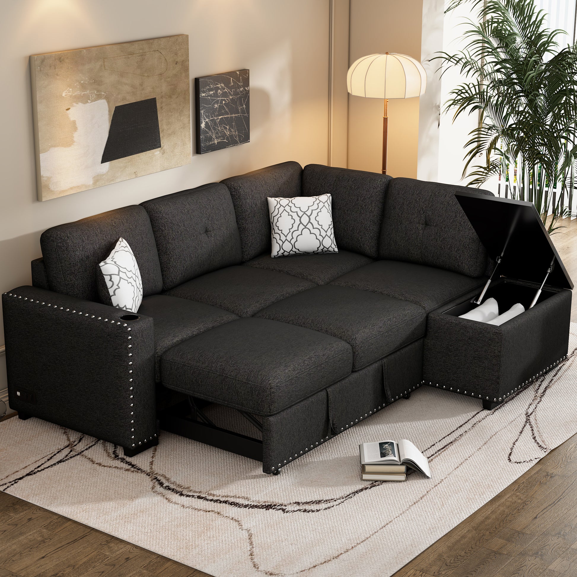 83.8" Sectional Pull Out Sofa Bed L Shaped Corner Sofa Couch With Storage Chaise, Usb Ports, Power Sockets, Cup Holder For Living Room, Bedroom, Study, Black Black Foam Chenille