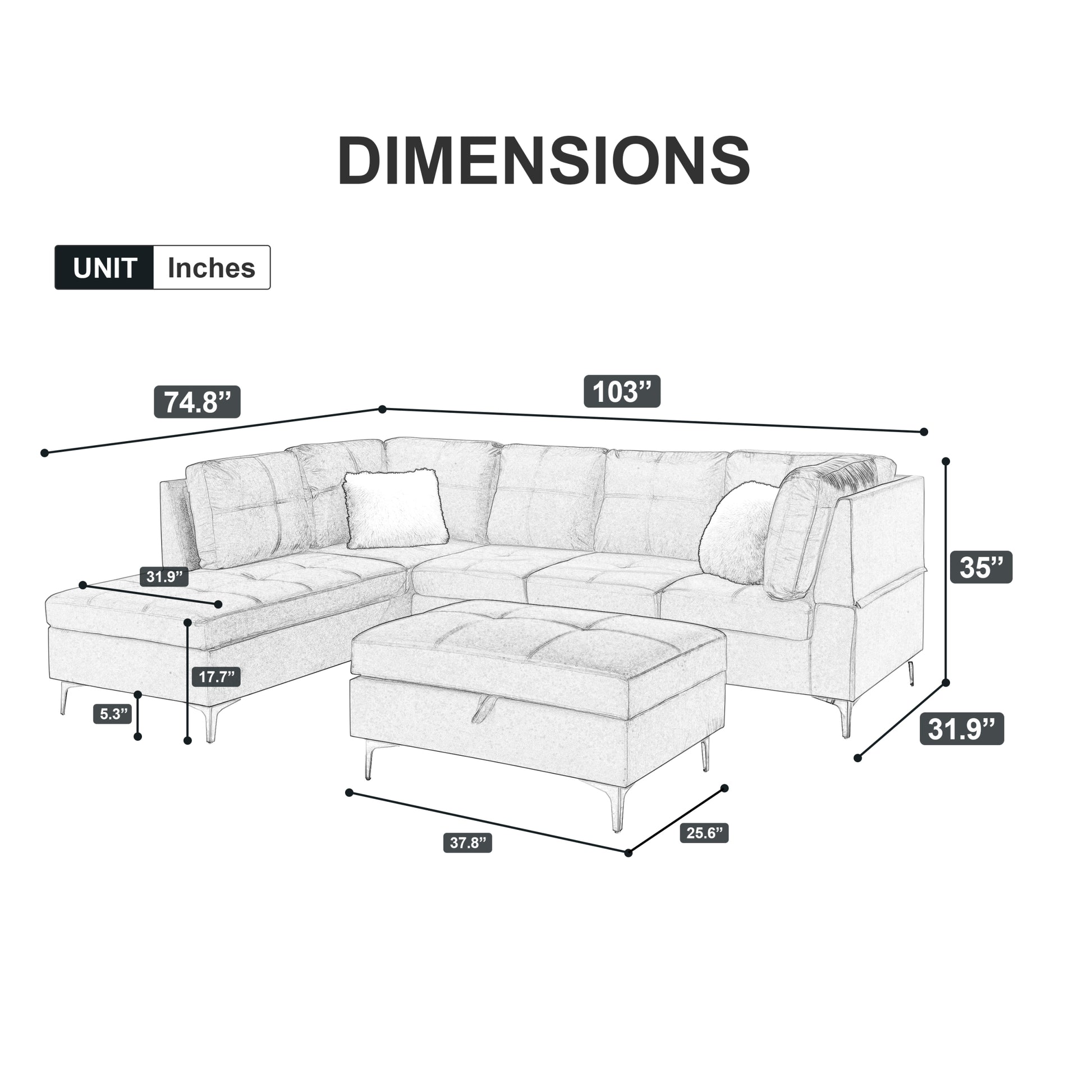 103" Velvet Sectional Sofa, L Shape Corner Couch With Storage Ottoman For Living Room, Gray Fabric, Pocket Coil Spring In Seats, Chaise Face Left Gray Velvet Wood Primary Living Space Medium Soft Pillow Back Classic L Shaped Pillow Top Arms Foam Velvet 6