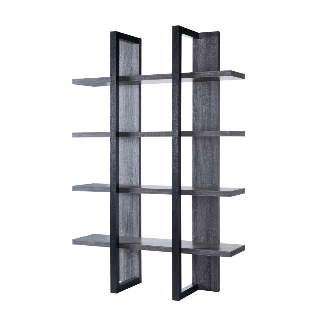 4 Tier Display Organizing Cabinet, Tall Bookcase With Open Shelving Distressed Grey & Black Grey Particle Board