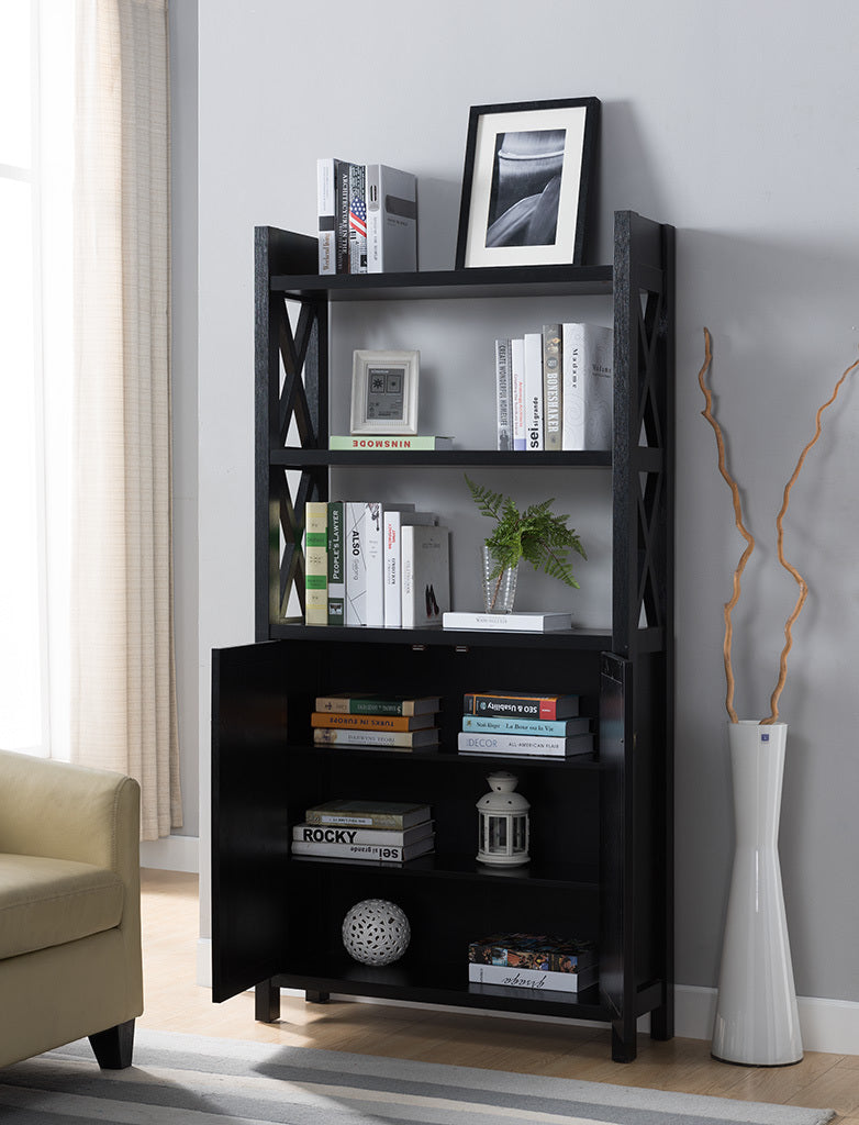 Crosshatch Display, Home Storage Cabinet With Two Top Shelves, Two Door Cabinet In Black Black Particle Board