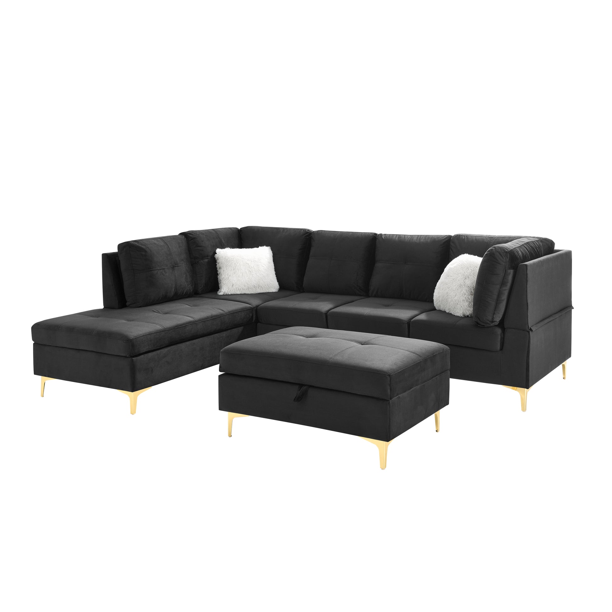 103" Velvet Sectional Sofa, L Shape Corner Couch With Storage Ottoman For Living Room, Black Fabric, Pocket Coil Spring In Seats, Chaise Face Left Black Velvet Wood Primary Living Space Medium Soft Pillow Back Classic L Shaped Pillow Top Arms Foam Velvet