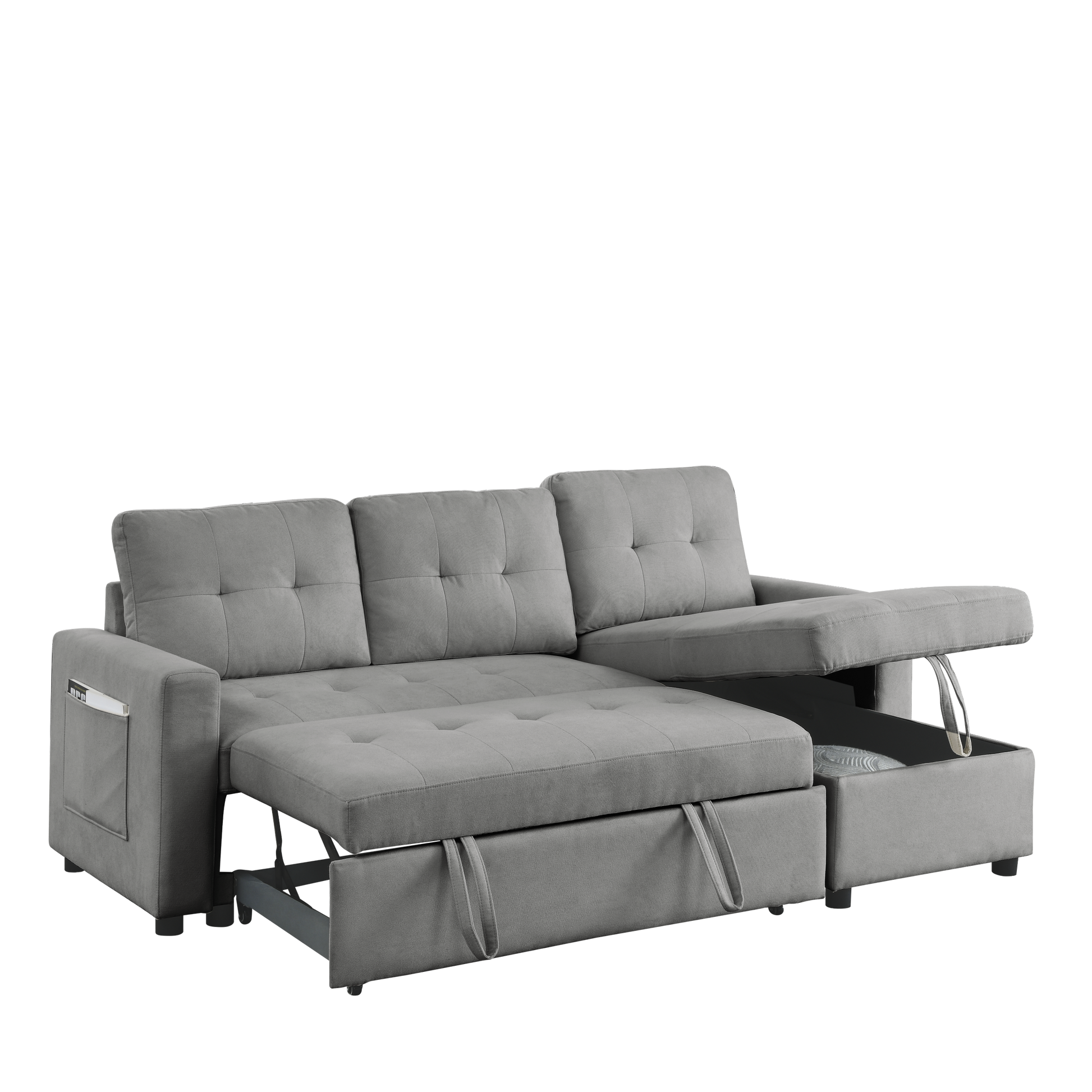 Mh 78.5" Sleeper Sofa Bed Reversible Sectional Couch With Storage Chaise And Side Storage Bag For Small Space Living Room Furniture Set Grey Primary Living Space Eucalyptus Polyester Fabric