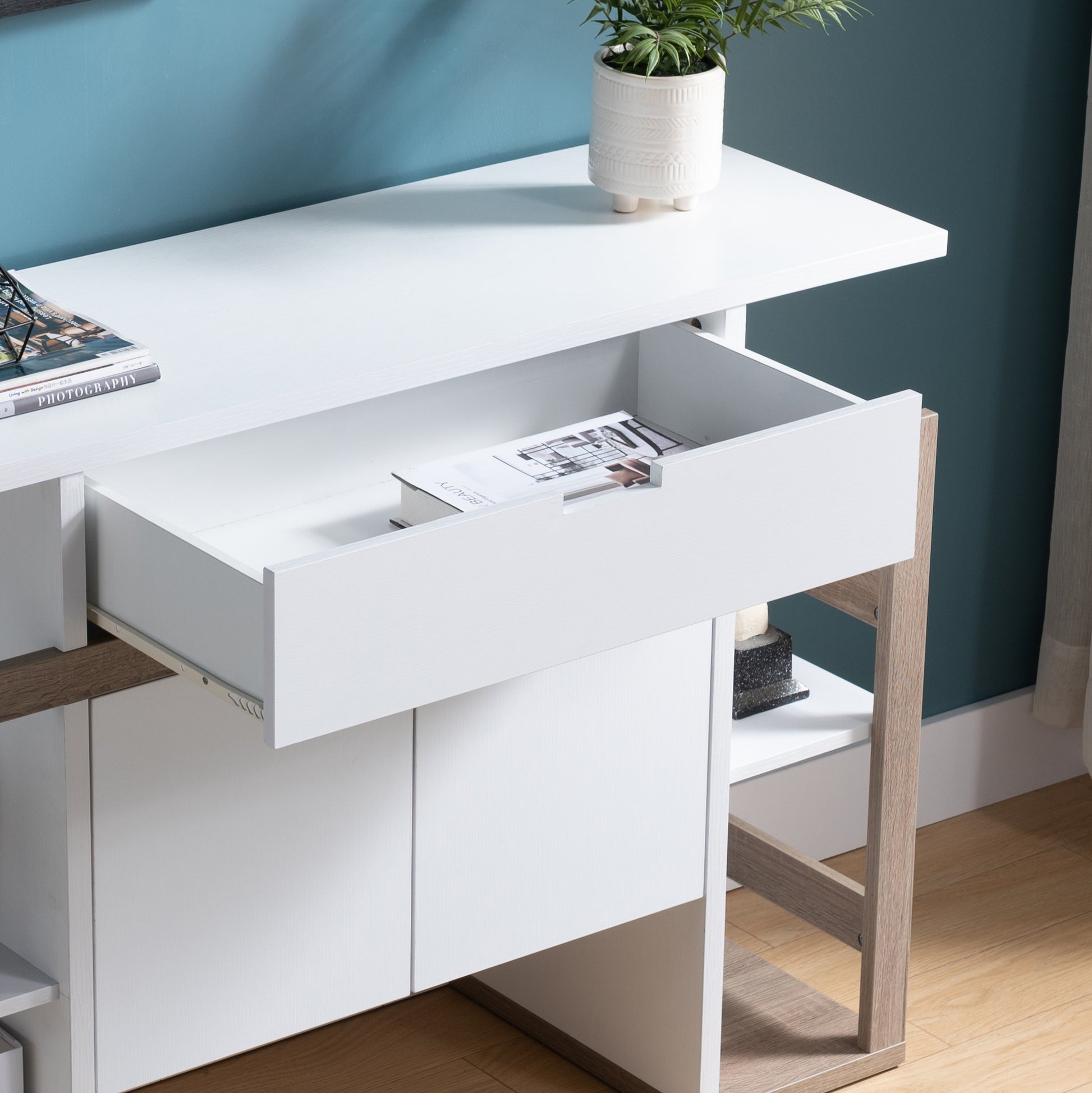 Modernize Kitchen Buffet Organizing Cabinet With 4 Shelves, White & Dark Taupe White Particle Board