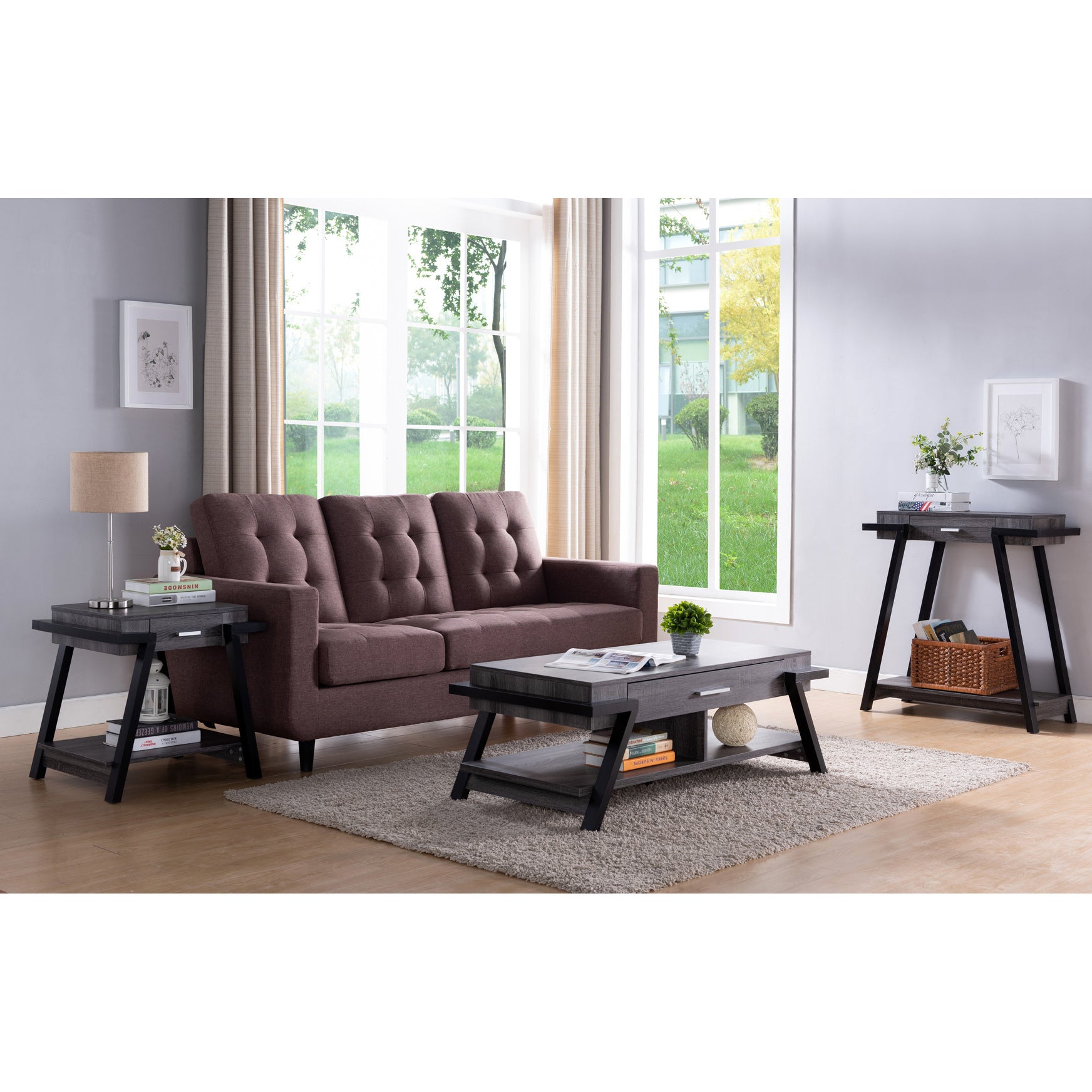 Modern Hallway Display Table With Drawer & Bottom Shelve In Distressed Grey & Black Grey Particle Board