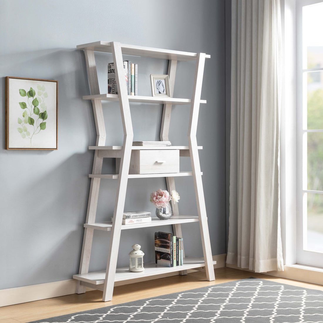 Modern Home Display Cabinet 4 Tier Open Shelving With Center Drawer In White Oak White Oak Particle Board