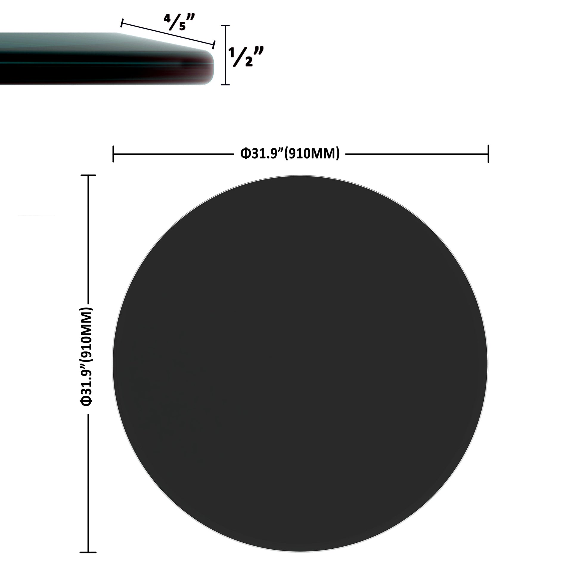 36" Inch Round Tempered Glass Table Top Black Glass 1 2" Inch Thick Beveled Polished Edge Black Tempered Glass