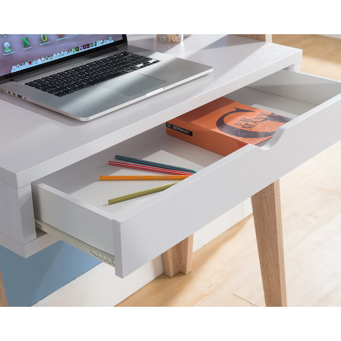 Ladder Desk Two Tone, Home Office Study Desk With Drawer And Two Shelves In White & Weathered White White Particle Board