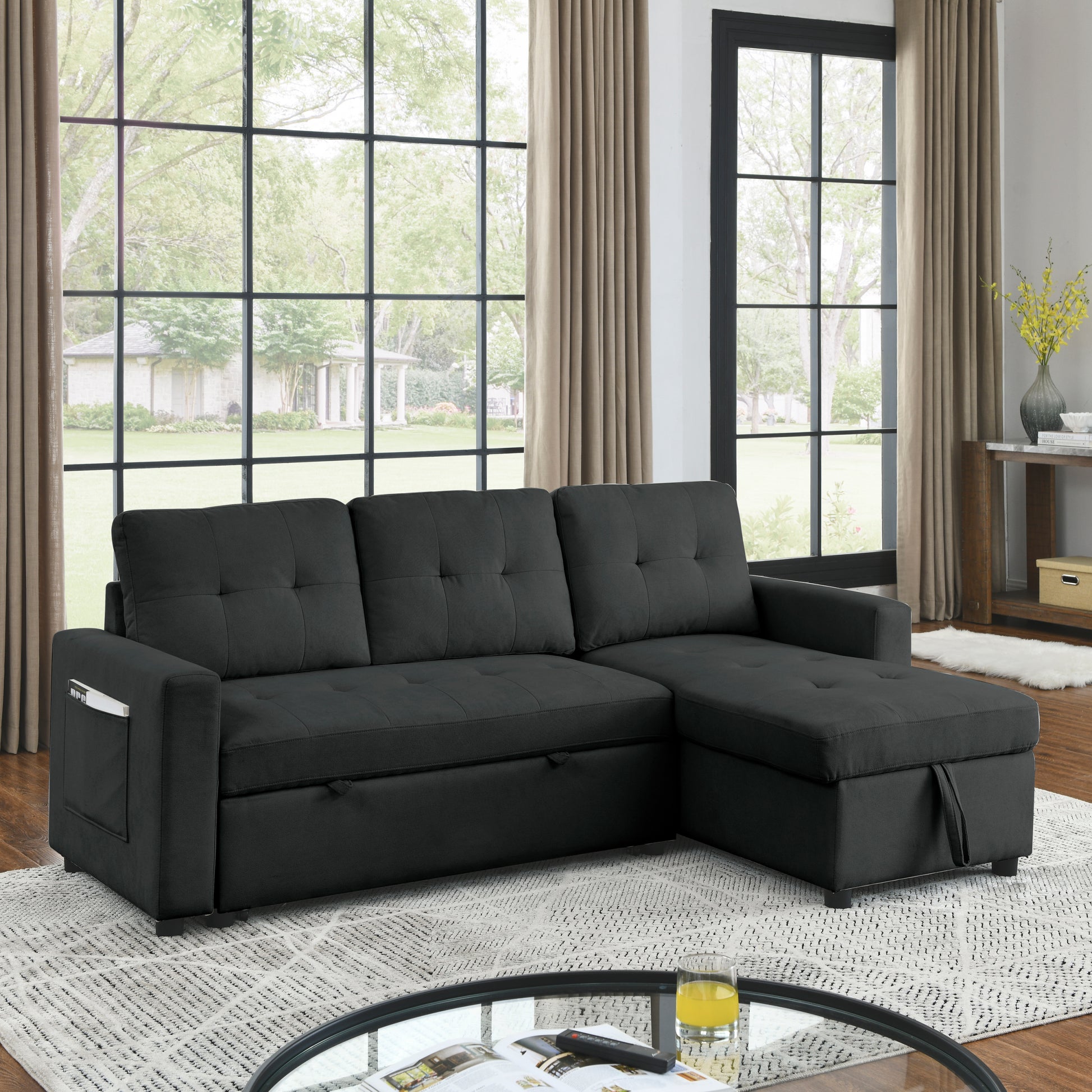 Mh 78.5" Sleeper Sofa Bed Reversible Sectional Couch With Storage Chaise And Side Storage Bag For Small Space Living Room Furniture Set Black Primary Living Space Eucalyptus Polyester Fabric