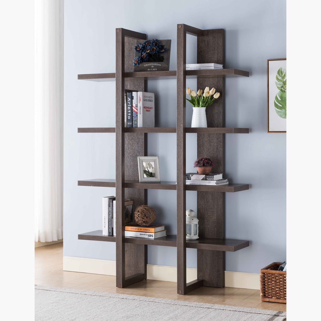 Wooden 4 Tier Display Organizing Cabinet, Tall Bookcase With Open Shelving Walnut Oak Walnut Particle Board