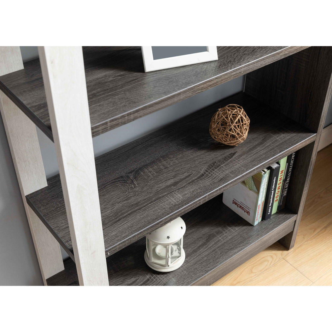 5 Tier Home Display Cabinet, Two Toned Freestanding Bookcase White Oak & Distressed Grey White Oak Particle Board