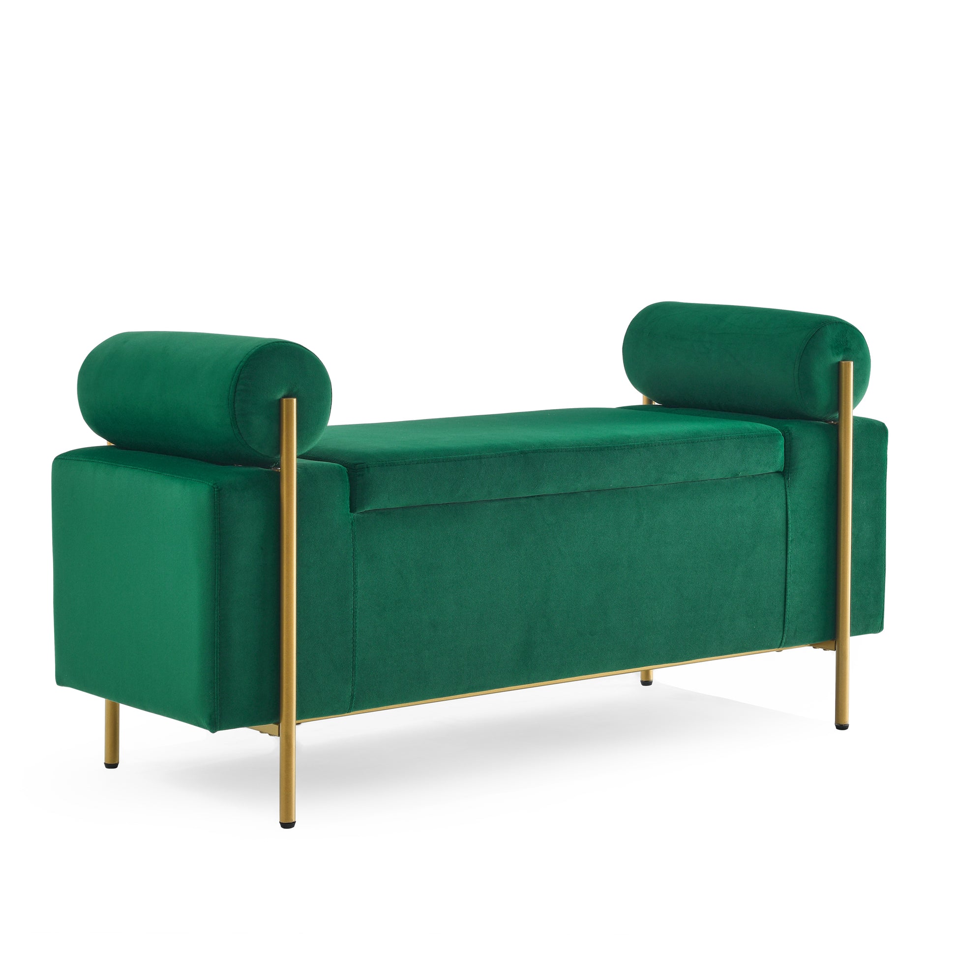 Elegant Upholstered Velvet Storage Bench With Cylindrical Arms And Iron Legs For Hallway Living Room Bedroom, Green Green Foam