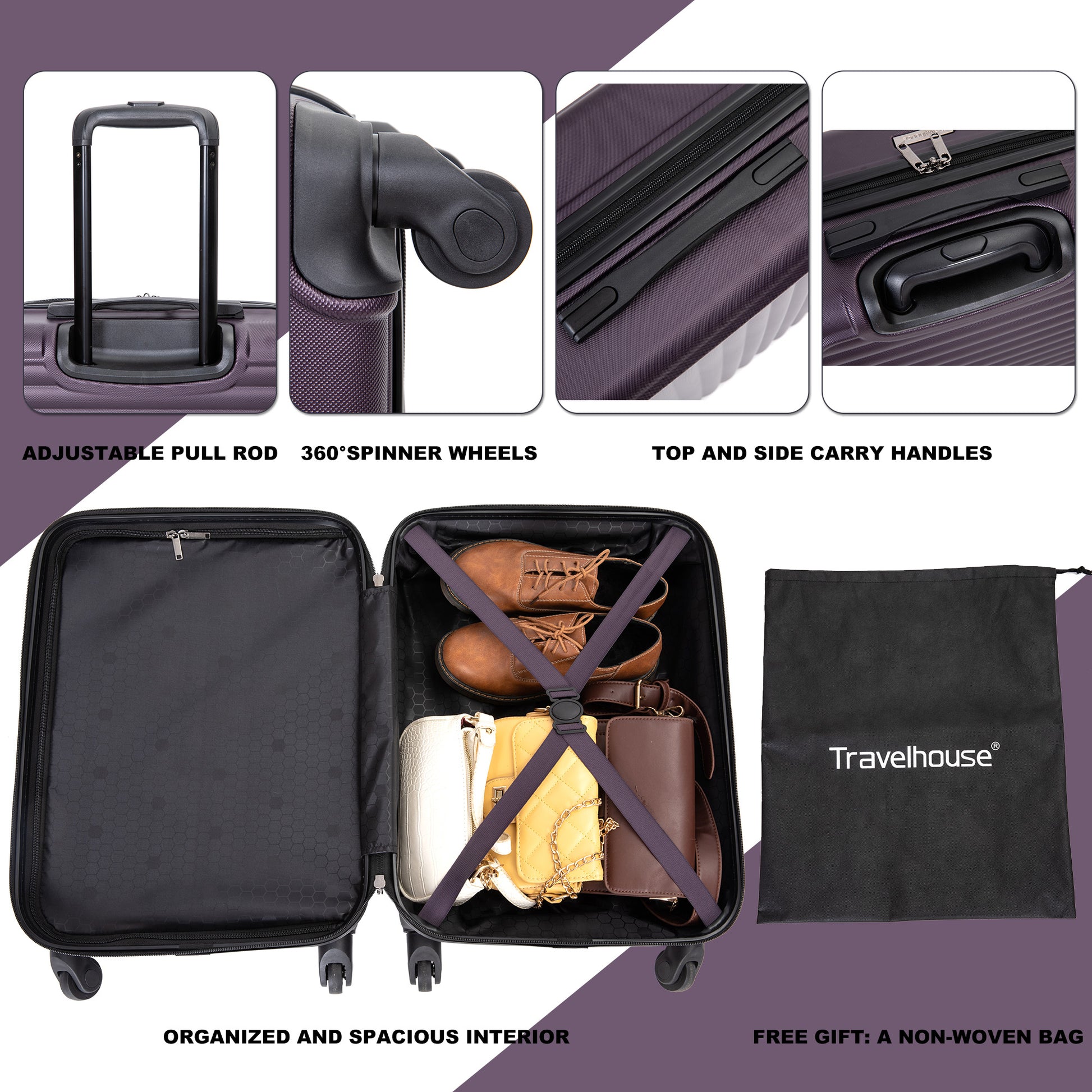 20" Carry On Luggage Lightweight Suitcase, Spinner Wheels, Purple Purple Abs