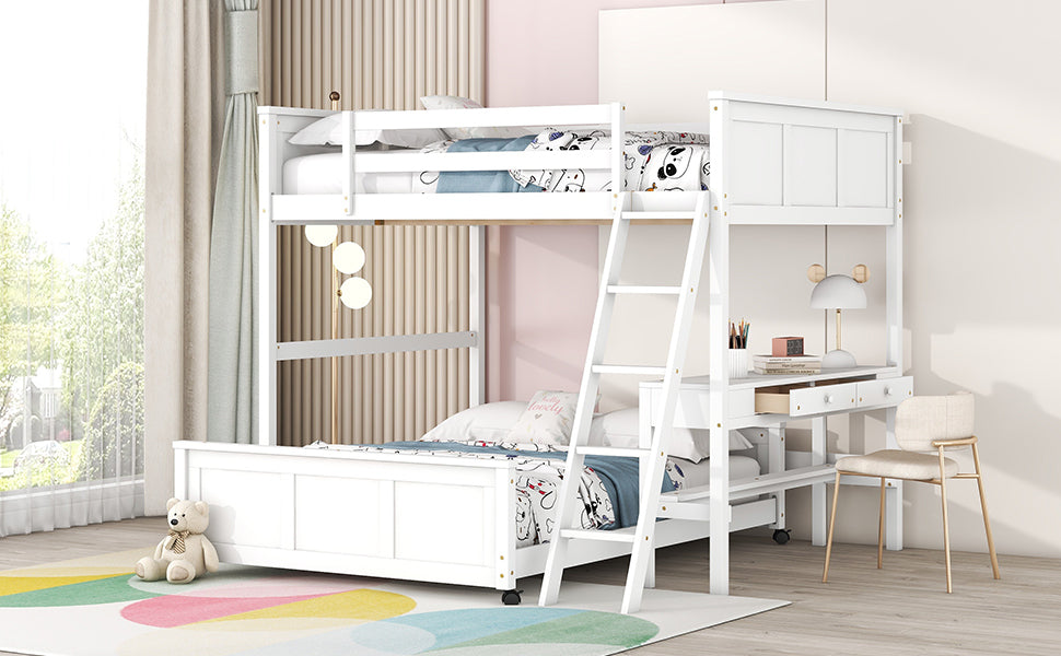 Full Over Full Bunk Bed With Desk, White White Solid Wood Mdf