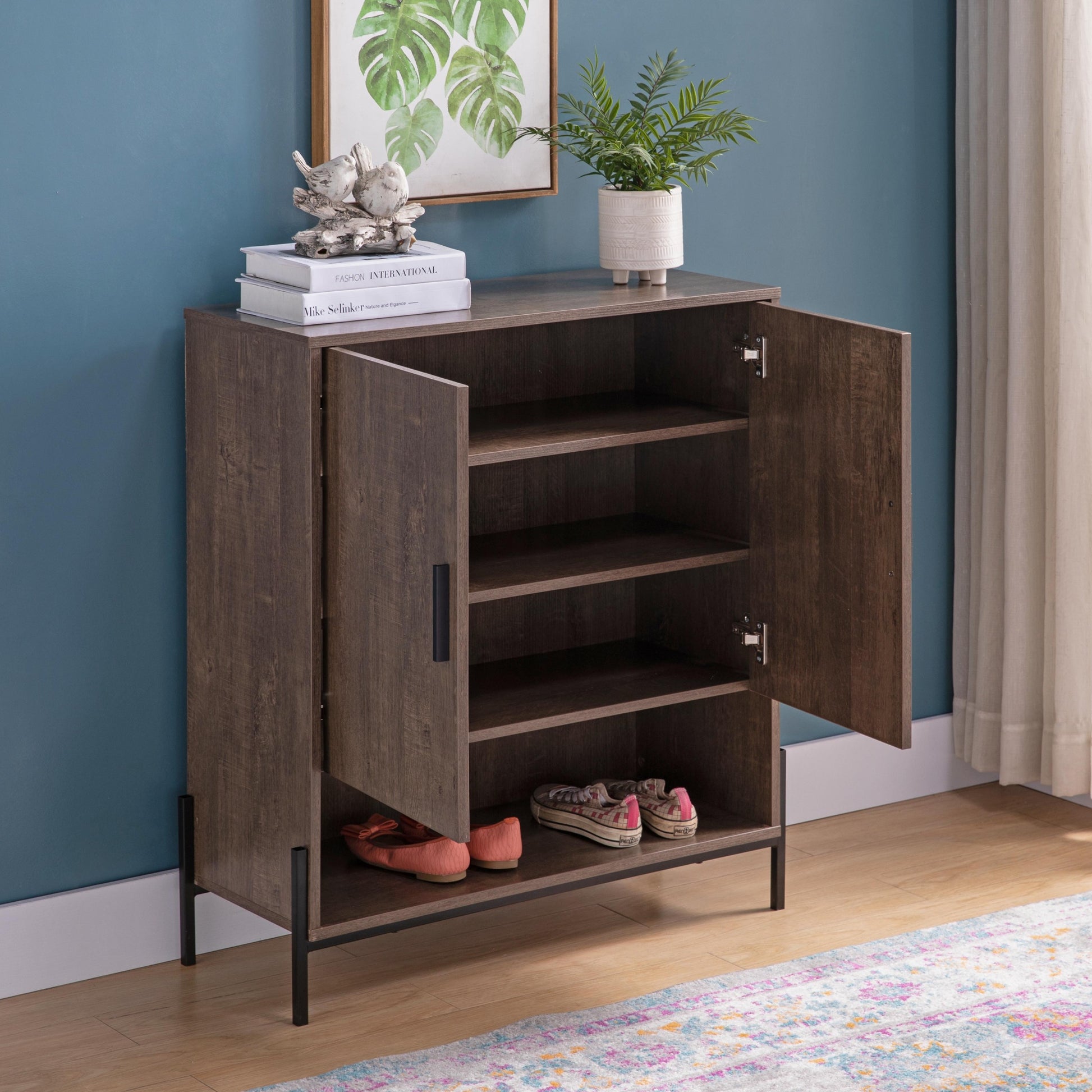 Home Entryway 5 Tier Shoe Organizing Cabinet With Open Bottom Shelve, Walnut Oak Walnut Particle Board