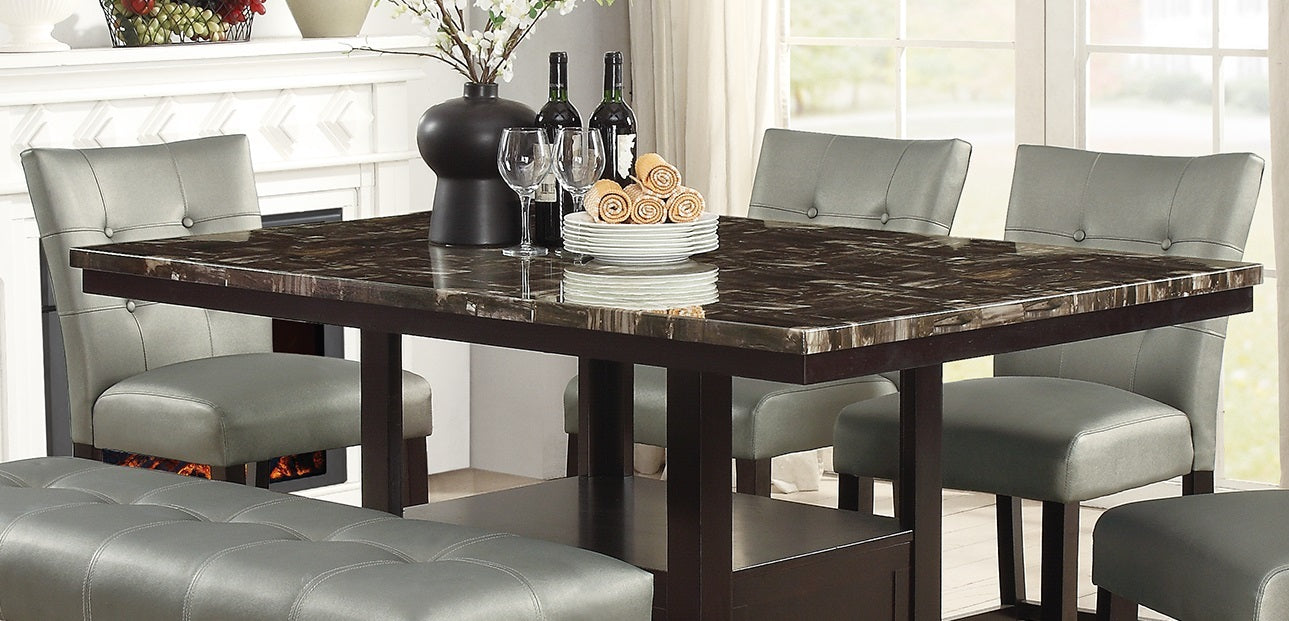 Dining Room Furniture 6Pc Counter Height Dining Set Dining Table W Storage 4X High Chairs 1X Bench Silver Faux Leather Tufted Seats Faux Marble Table Top Silver Seats 6 Espresso Dining Room 60 Inches Bench Seating Classic,Contemporary,Transitional Birch