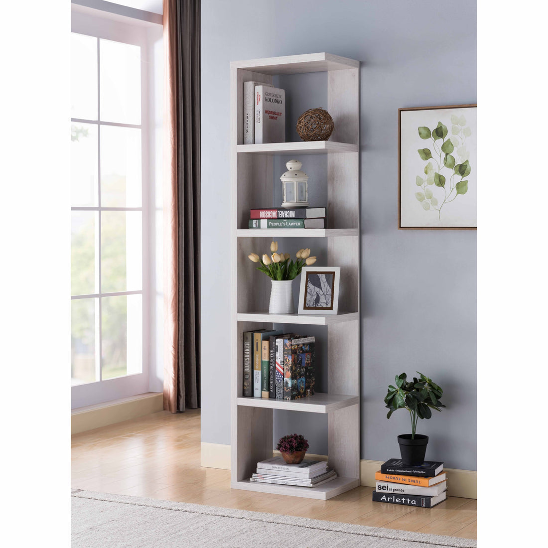 Book Stand, Home Display Bookcase With 5 Tier Shelves In White Oak White Oak Particle Board