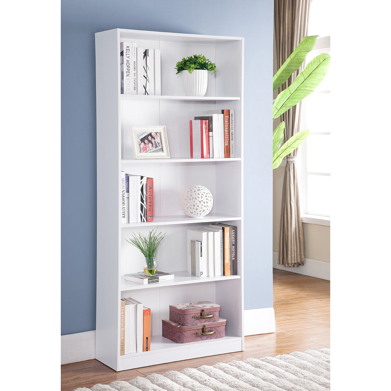 White Bookcase Display, Modern Bookstand With Five Shelves White Particle Board