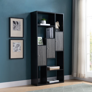 Bookcase Display Storage Cabinet, Multi Shelves Black & Distressed Grey Black Particle Board