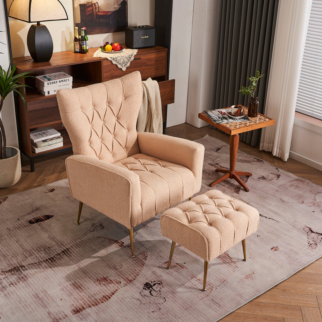 Modern Accent Chair With Ottoman, Comfy Armchair For Living Room, Bedroom, Apartment, Office Nude Cream Primary Living Space Classic Polyester