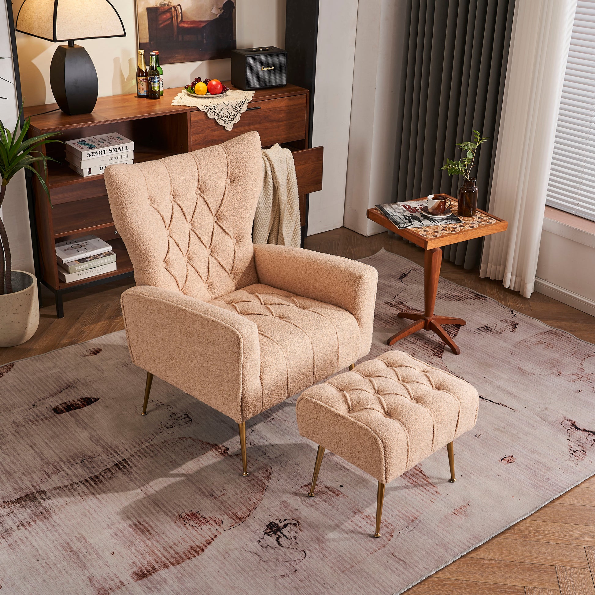 Modern Accent Chair With Ottoman, Comfy Armchair For Living Room, Bedroom, Apartment, Office Nude Cream Primary Living Space Classic Polyester