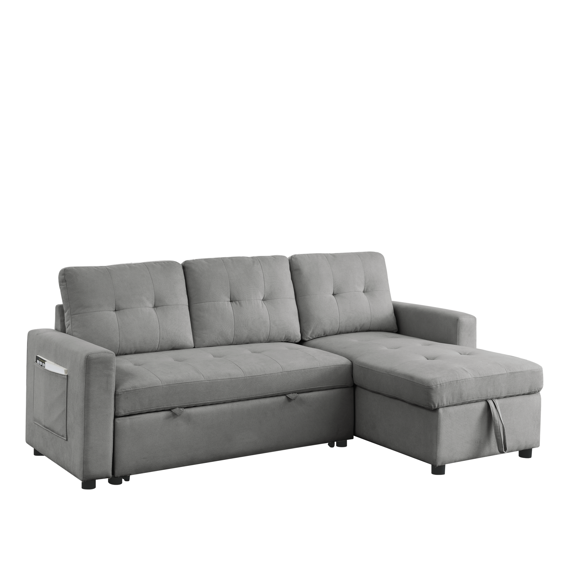 Mh 78.5" Sleeper Sofa Bed Reversible Sectional Couch With Storage Chaise And Side Storage Bag For Small Space Living Room Furniture Set Grey Primary Living Space Eucalyptus Polyester Fabric